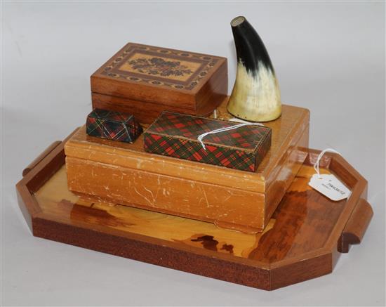 A Tartan Ware needle case and box, a late Tunbridge ware floral-decorated box and sundries,